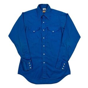 Vintage 60s Ely Plains Rider Distressed Blue Pearl Snap Western Shirt USA Made